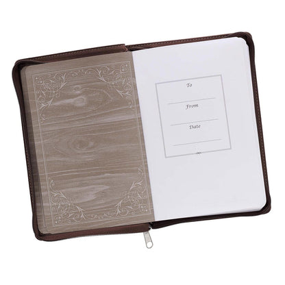 A Man's Heart Classic Faux Leather Zippered Journal in Brown - Proverbs 16:9