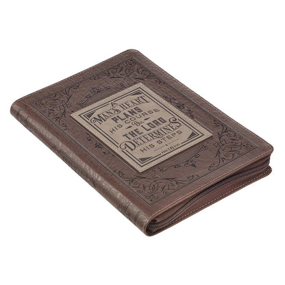 A Man's Heart Classic Faux Leather Zippered Journal in Brown - Proverbs 16:9