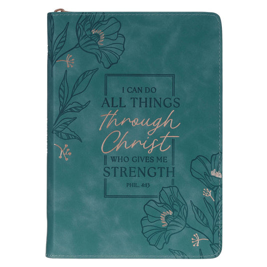 Through Christ Teal Faux Leather Journal with Zippered Closure - Philippians 4:13