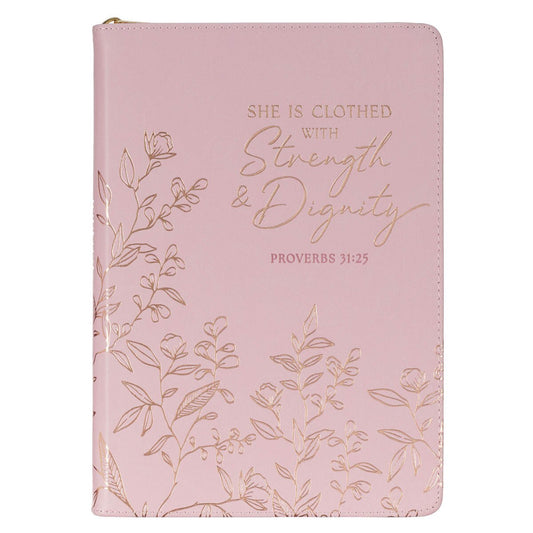 Strength and Dignity Pink Faux Leather Journal with Zippered Closure - Proverbs 31:25