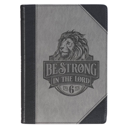 Be Strong in the Lord Black and Gray Lion Faux Leather Journal - Ephesians 6:10