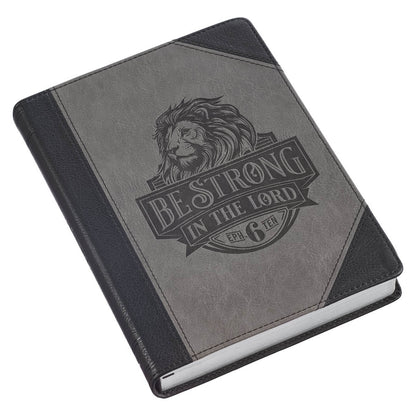 Be Strong in the Lord Black and Gray Lion Faux Leather Journal - Ephesians 6:10