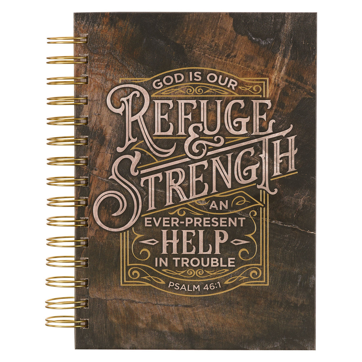 Refuge and Strength Brown and Black Woodgrain Wirebound Journal - Psalm 46:1