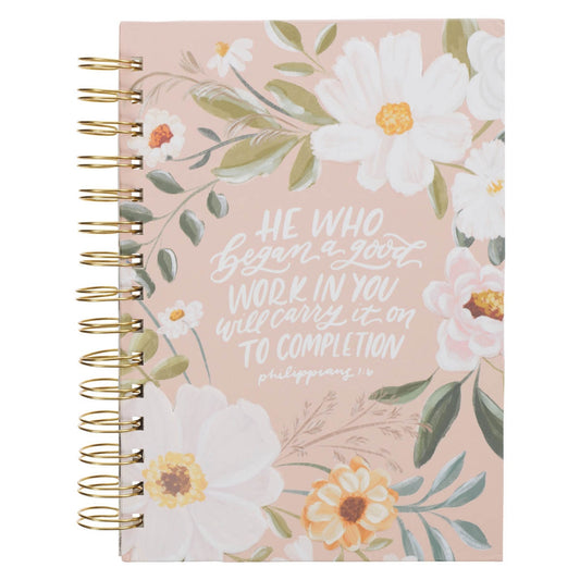 Good Work Peach Floral Spiral-bound Journal - Philippians 1:6