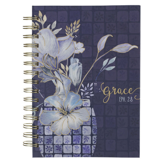 Grace Blue Floral Tile Spiral-bound Journal - Ephesians 2:8