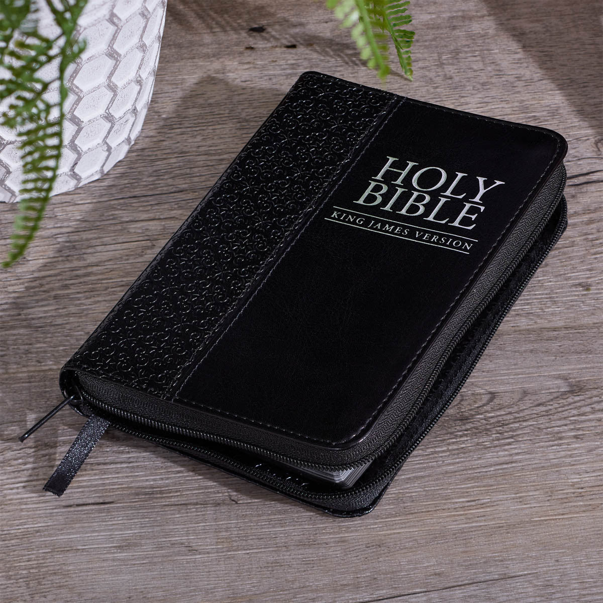 Black Faux Leather King James Version Pocket Bible with Zippered Closure