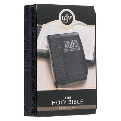 Black Faux Leather King James Version Pocket Bible with Zippered Closure