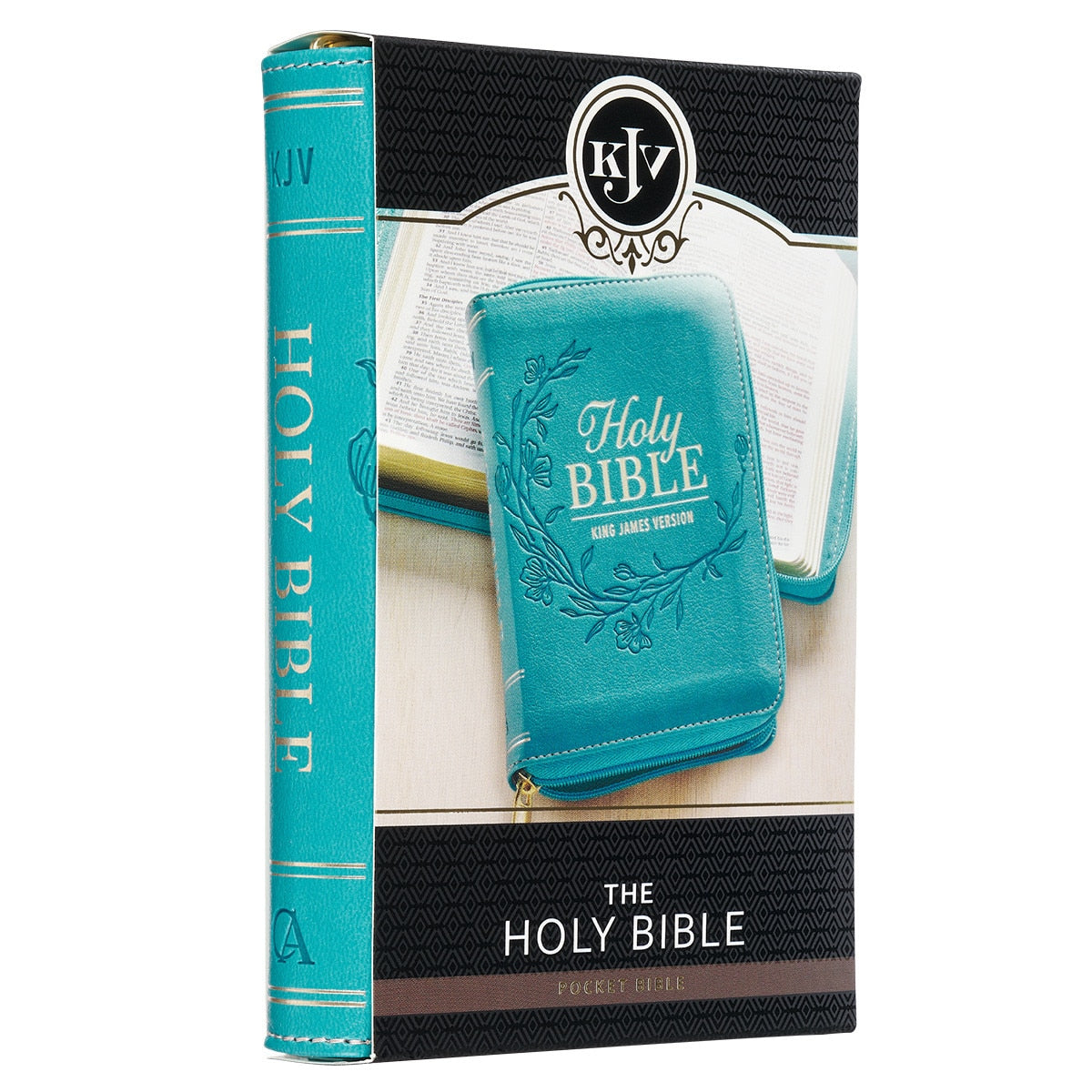 Aqua Faux Leather King James Version Pocket Bible with Zipper Closure