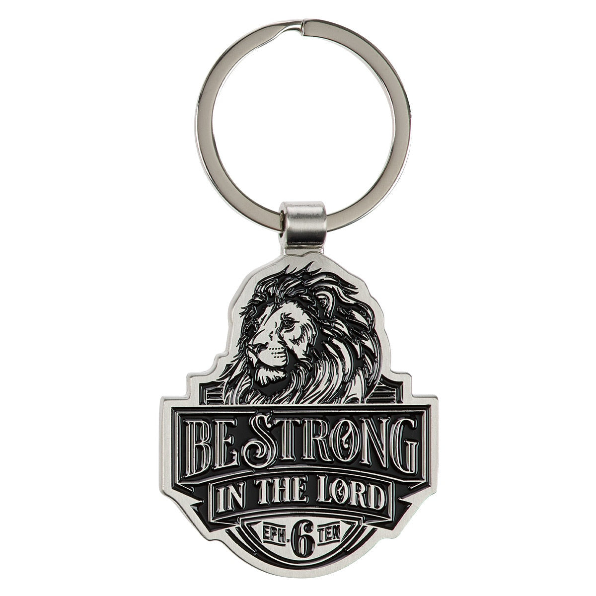 Be Strong in the Lord Lion Silver Metal Keychain - Ephesians 6:10