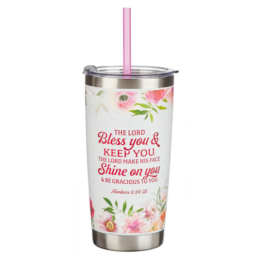 Bless You and Keep You White Floral Stainless Steel Travel Tumbler with Straw - Numbers 6:24-25