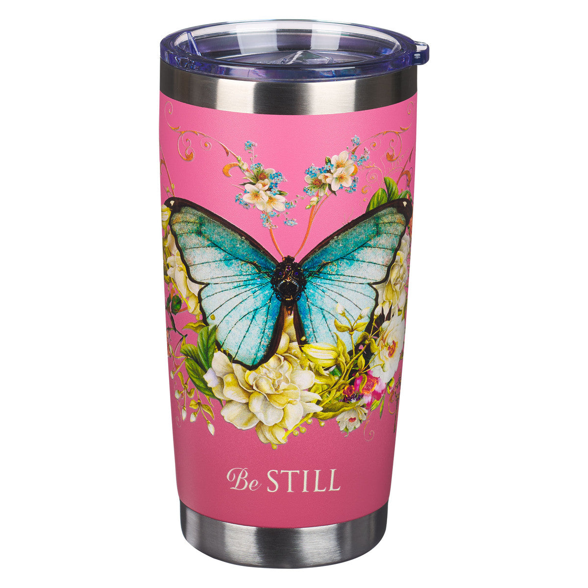 Pink Be Still Butterfly Stainless Steel Travel Tumbler - Psalm 46:10