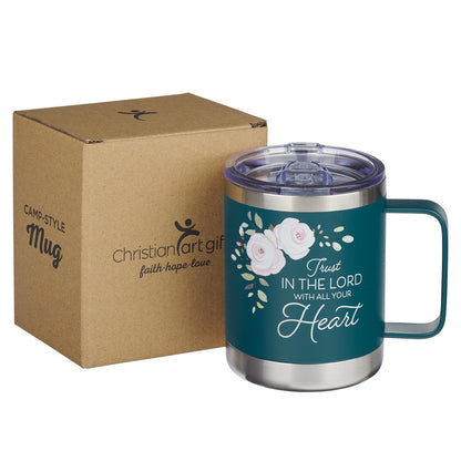 Trust in the Lord Teal Floral Camp-Style Stainless Steel Travel Mug - Proverbs 3:5