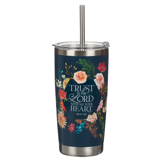 Trust Indigo Blue Floral Stainless Steel Travel Tumbler with Stainless Steel Straw - Proverbs 3:5