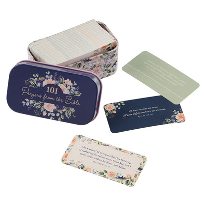 101 Prayers From The Bible Navy Scripture Cards in a Tin