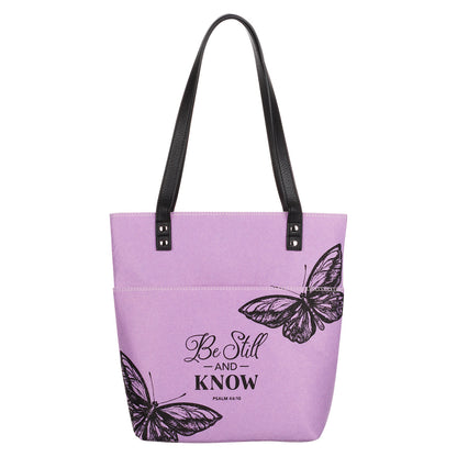 Be Still and Know Purple Butterfly Fashion Felt Bible Tote Bag - Psalm 46:10
