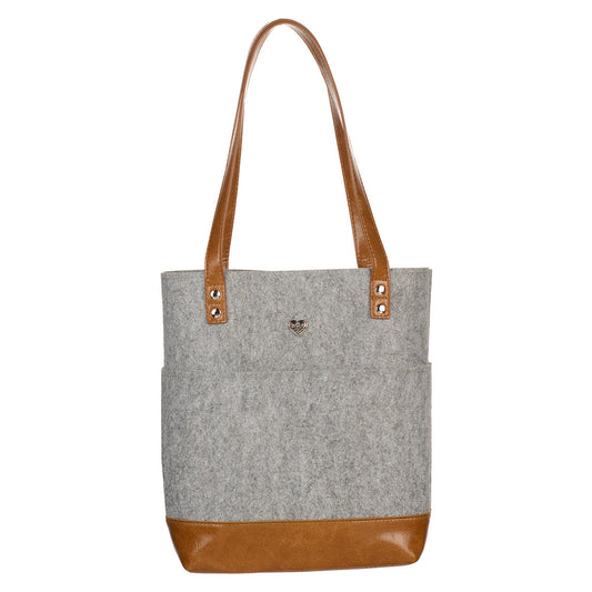 Silver Heart Heather Gray Felt and Toffee Brown Faux Leather Fashion Bible Tote Bag