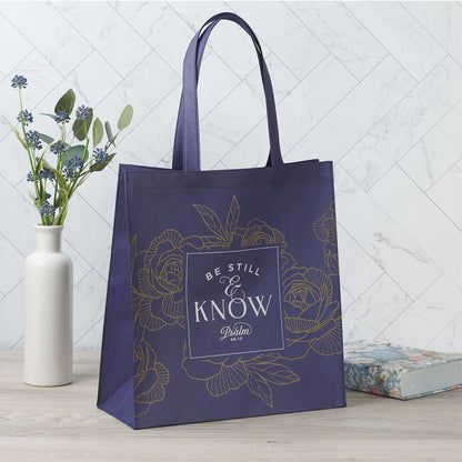 Be Still Navy Reusable Non-woven Shopping Tote Bag - Psalm 46:10