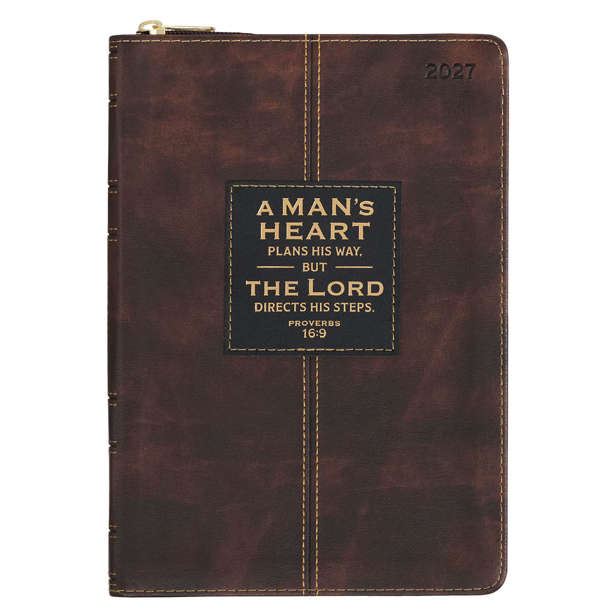 2027 A Man's Heart Smoked Walnut Faux Leather Executive Planner with Zipper Closure - Proverbs 16:9