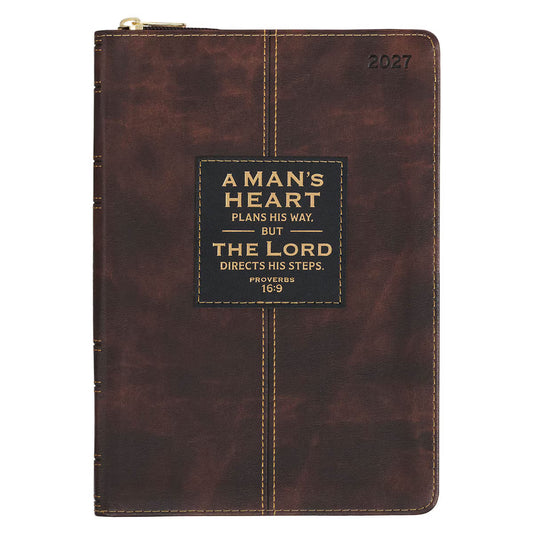 2027 A Man's Heart Smoked Walnut Faux Leather Executive Planner with Zipper Closure - Proverbs 16:9