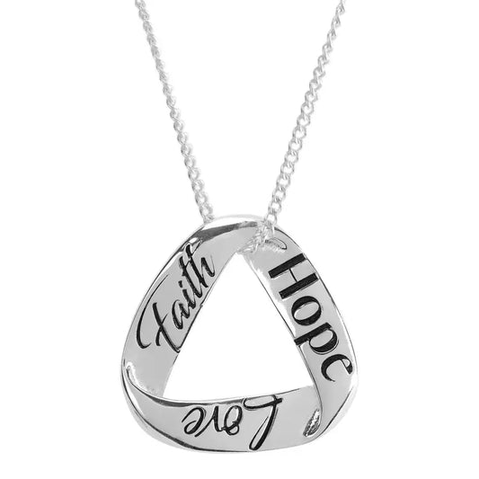 Faith Hope Love Mobius Triangle Silver Plated 18 inch Metal Pendant Necklace