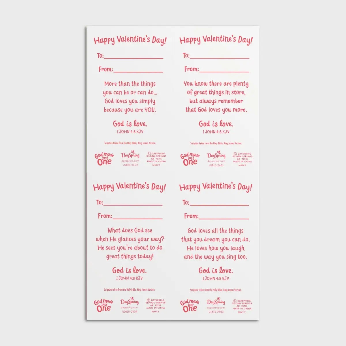 God Made Just One - Valentine's Day - 32 Children's Valentine's Cards