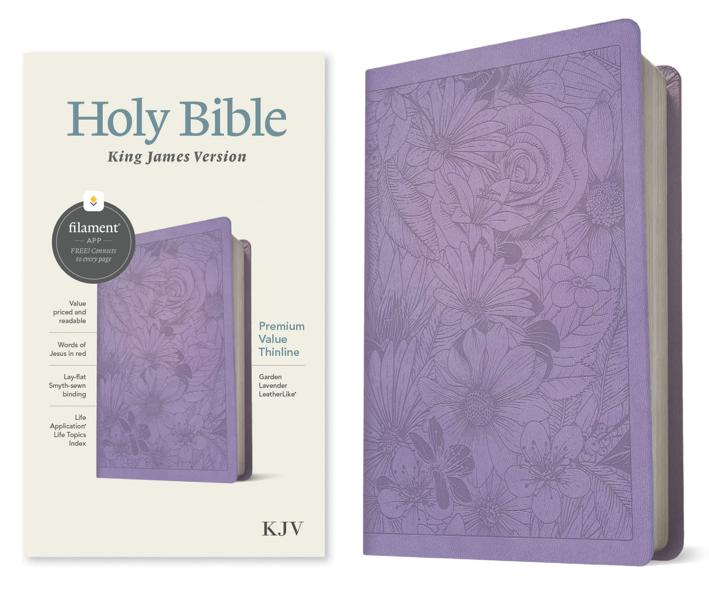Biblia delgada KJV Premium Value, edición habilitada para filamentos (letra roja, similar al cuero, lavanda de jardín)