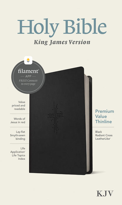 Biblia delgada de valor premium KJV, edición habilitada para filamentos (letra roja, similar al cuero, cruz radiante negra)