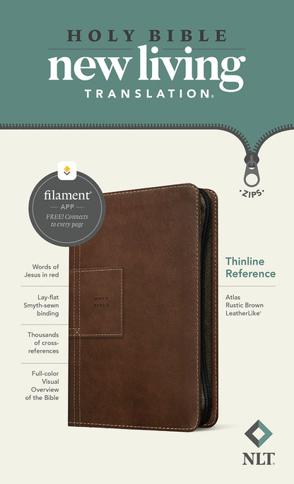 NLT Thinline Reference Biblia con cremallera, edición habilitada para filamentos (LeatherLike, Atlas Rustic Brown)
