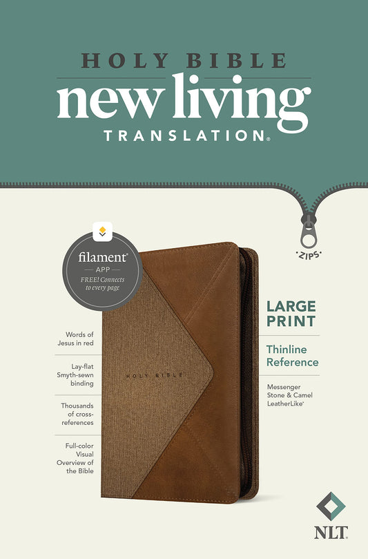 NLT Large Print Thinline Reference Zipper Bible, Filament Enabled Edition (LeatherLike, Messenger Stone & Camel )