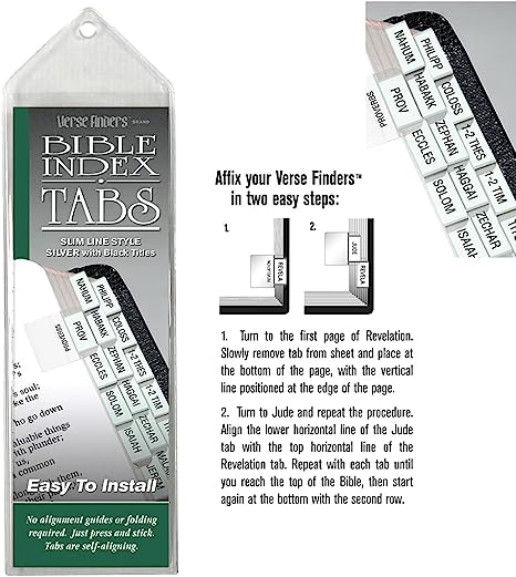 Silver Slim Line Verse Finder Bible Tabs | Easy to Install, Self-Aligning, Just Press & Stick | Vertical Text | Complete Set of Tabs for The Old & New Testaments