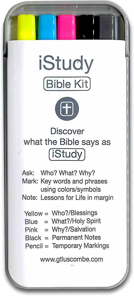 iStudy Bible Study Kit | No Bleed Pigmented Ink | Bible Safe | No Smearing or Fading | Highlighters Blue, Pink, Yellow, Black Pen & Mechanical Pencil with Case (Set of 5)