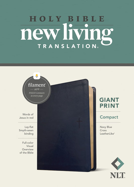 NLT Biblia compacta con letras gigantes, edición habilitada para filamentos (letra roja, similar al cuero, cruz azul marino)