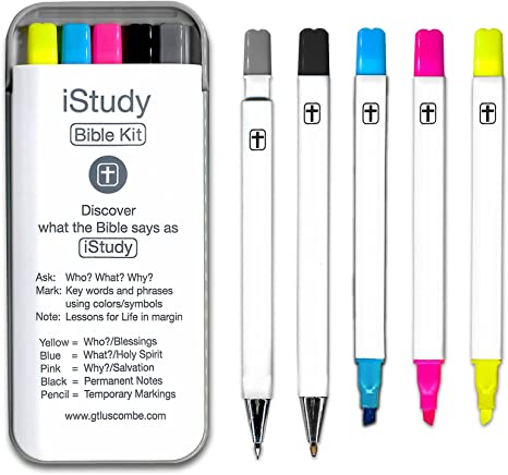 iStudy Bible Study Kit | No Bleed Pigmented Ink | Bible Safe | No Smearing or Fading | Highlighters Blue, Pink, Yellow, Black Pen & Mechanical Pencil with Case (Set of 5)