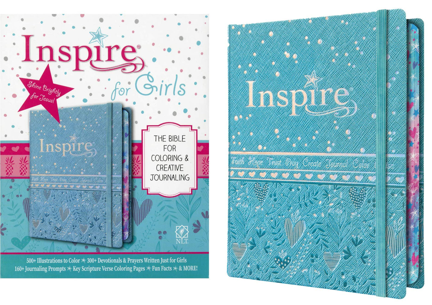 Tyndale NLT Inspire Bible for Girls (Hardcover LeatherLike, Metallic Blue): Journaling and Coloring Bible for Kids – Over 500 Scripture Illustrations to Color - Creative Bible Journal