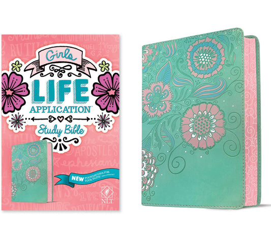 Biblia de estudio de aplicación NLT Girls Life (similar al cuero, verde azulado/flores rosadas)