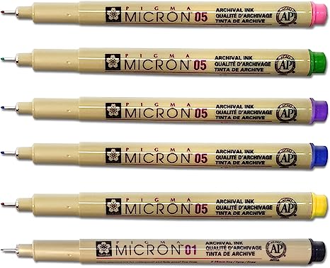 Pigma Micron 01 Fine & 05 Medium Point Bible Study Pen Kit | No Smearing or Fading | Bible Safe | Artist Pens | No Bleed Pigmented Ink (Set of 6)
