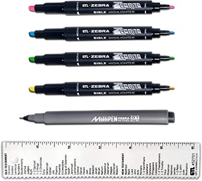 Zebrite Bible Marking Kit | No Bleed Pigmented Ink | No Fading or Smearing | Double Ended Highlighters, MilliPen & Books of the Bible Ruler/Bookmark (Set of 5 + Ruler)