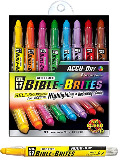 Accu-Dry Bible-Brites | No Bleed | No Smearing or Fading | Archival Quality & Self Sharpening | Bible Study, Journaling, Bullet Journaling, Coloring, Drawing (Set of 8)