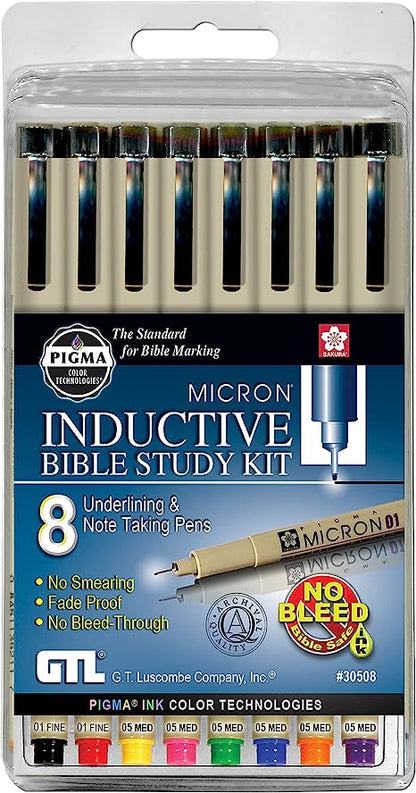 Pigma Micron 01 Fine & 05 Medium Point Inductive Bible Study Pen Kit | No Bleed Pigmented Ink | Black, Red, Orange, Blue, Green, Pink, Violet, Yellow (Set of 8)