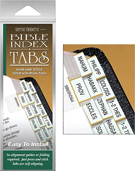 Gold Slim Line Verse Finder Bible Tabs | Easy to Install, Self-Aligning, Just Press & Stick | Vertical Text | Complete Set of Tabs for The Old & New Testaments